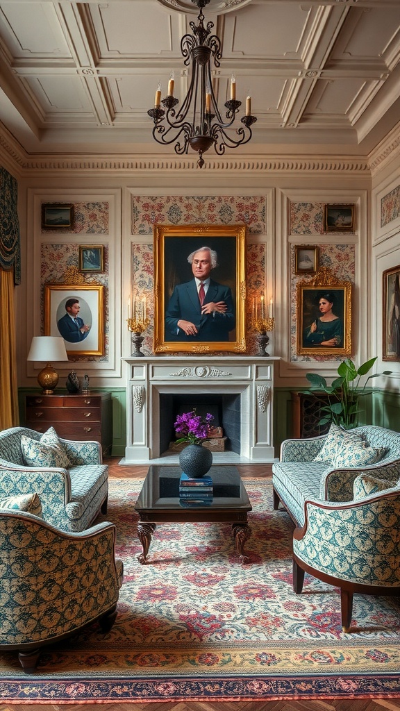 A formal living room featuring floral patterned seating, an ornate rug, and elegant wall art.