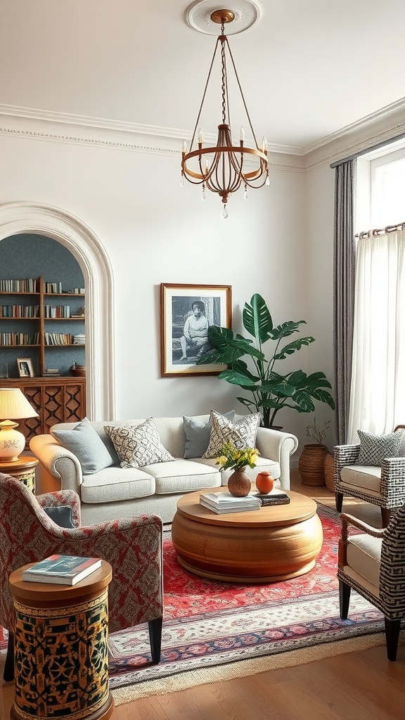 A modern boho living room featuring a mix of patterned chairs, a solid sofa, a wooden coffee table, and vibrant decor.