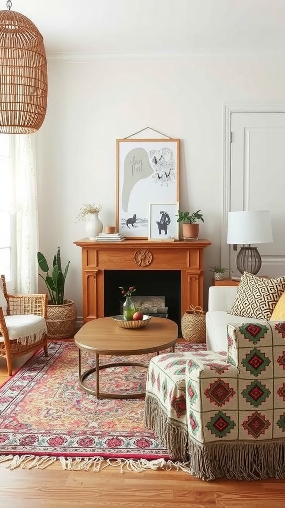 A cozy modern boho living room featuring mixed patterns in fabrics, colorful area rug, and natural decor elements.