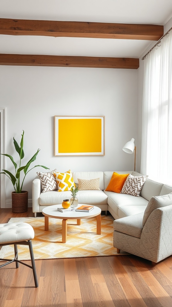 Living room with white and yellow decor featuring patterned pillows and a geometric rug.