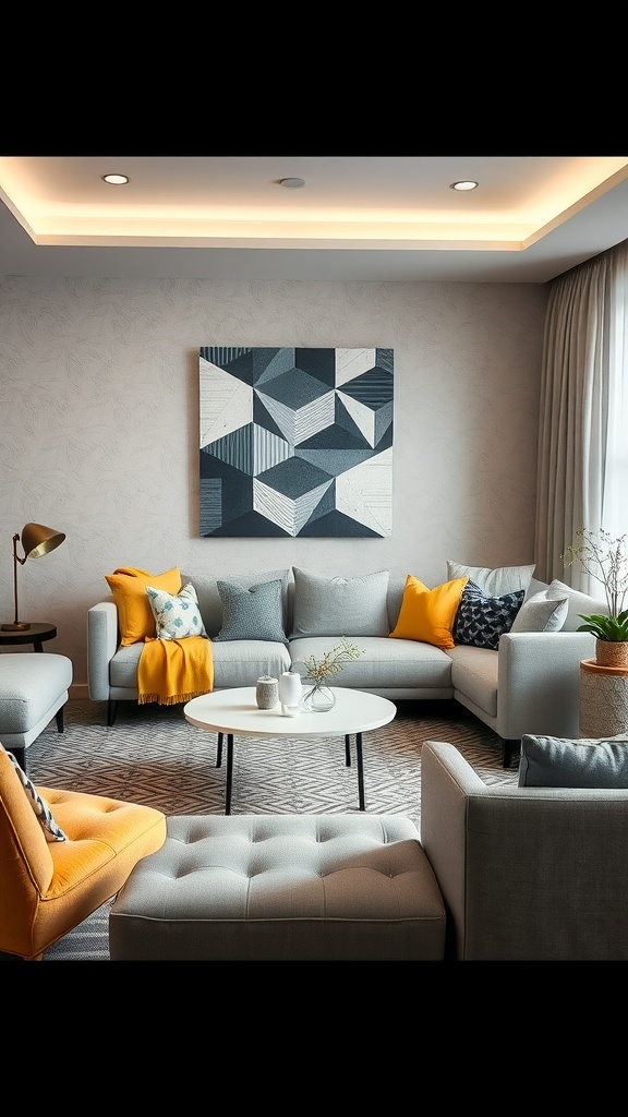 A modern living room featuring grey sofas, yellow accents, and geometric wall art.