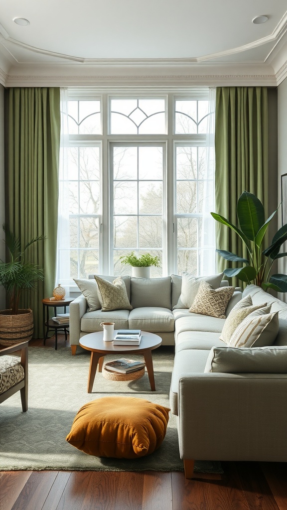 A cozy living room featuring sage green curtains, patterned pillows, and a mustard pouf.