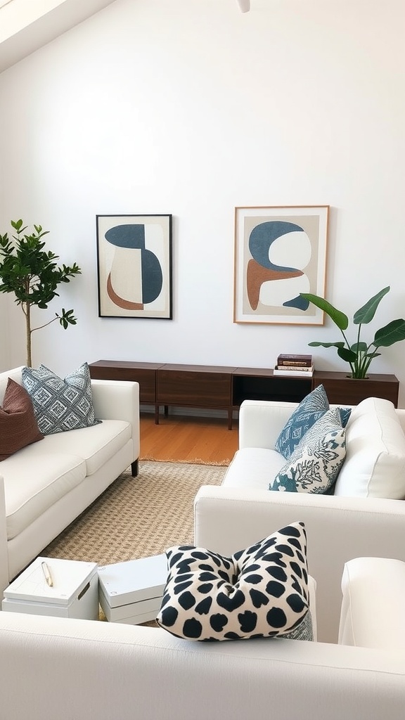 A living room with white furniture and mixed patterned cushions, featuring abstract art on the walls and a plant in the corner.