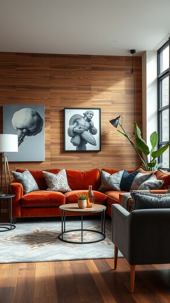 A cozy living room featuring a burnt orange velvet sofa, patterned throw pillows, a sleek coffee table, and framed art on a wooden wall.