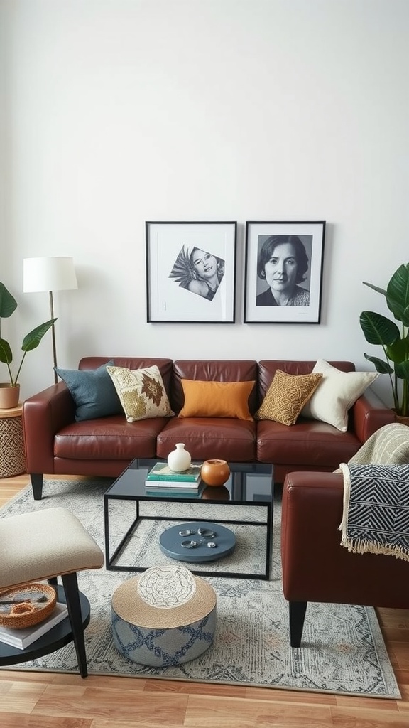 A cozy living room featuring a dark brown leather sofa, colorful fabric cushions, a modern coffee table, and decorative elements.