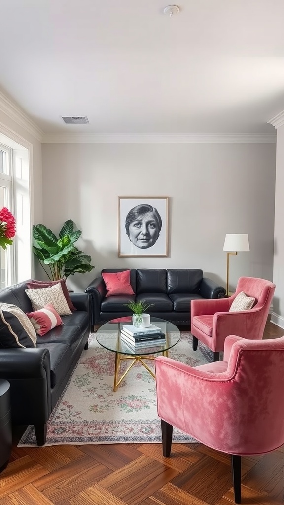 A living room featuring a black leather sofa, pink velvet chairs, a glass coffee table, and a decorative rug.