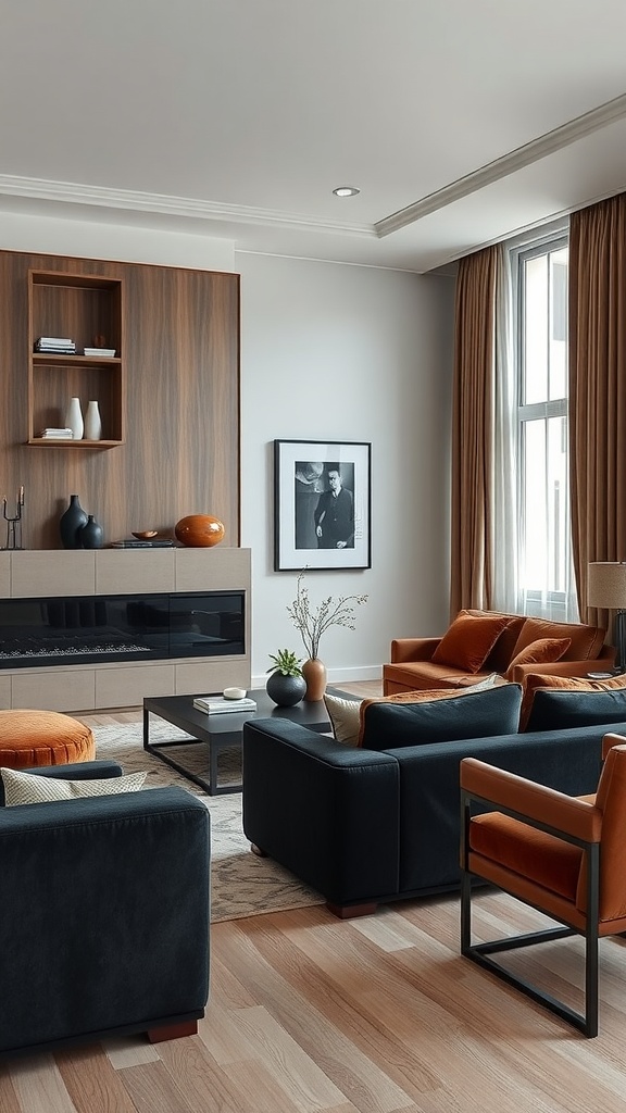 A stylish living room featuring a mix of velvet and leather furniture, showcasing a cozy and modern design.