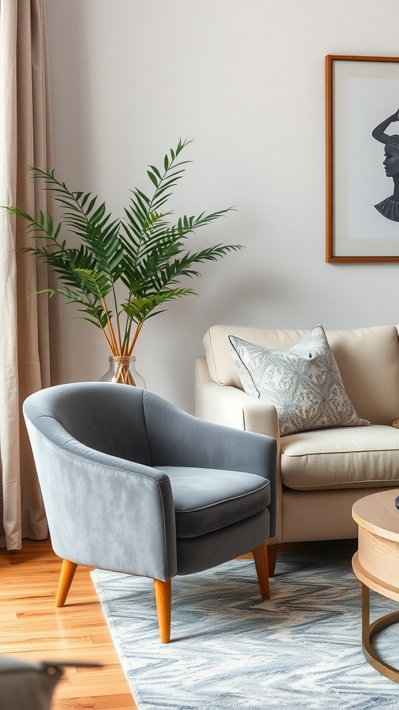 A cozy living room featuring a velvet grey armchair, beige linen sofa, and a houseplant.