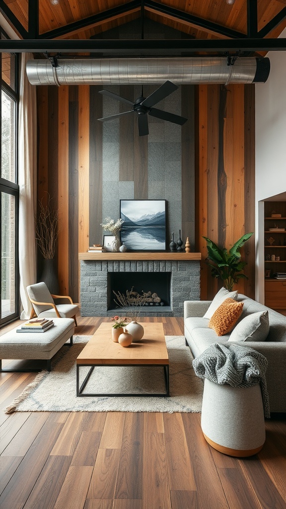 A cozy living room with wooden walls, a stone fireplace, and a mix of fabric and metal furniture.