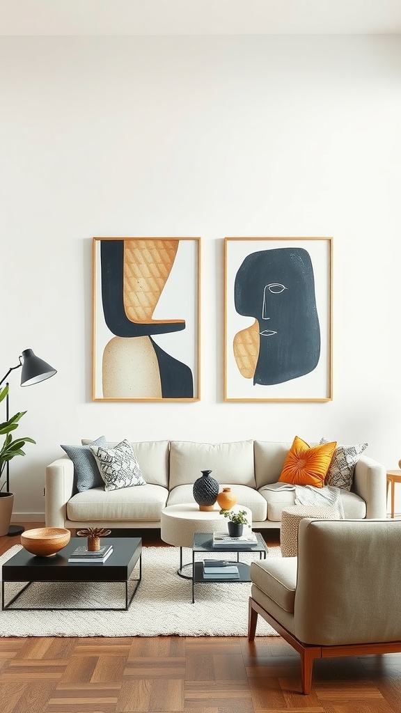 A modern living room featuring two abstract art pieces on the wall above a cozy sofa.