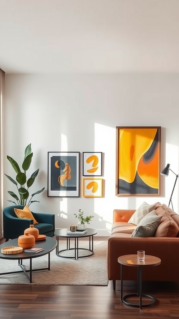 A modern living room featuring vibrant art displays, comfortable furniture, and indoor plants.