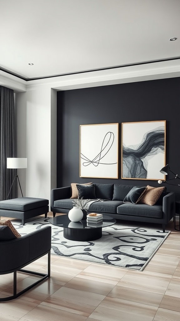 Modern black and cream living room featuring abstract artwork on the walls