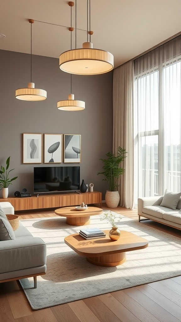 A modern living room with beige and white decor, featuring three pendant lighting fixtures.