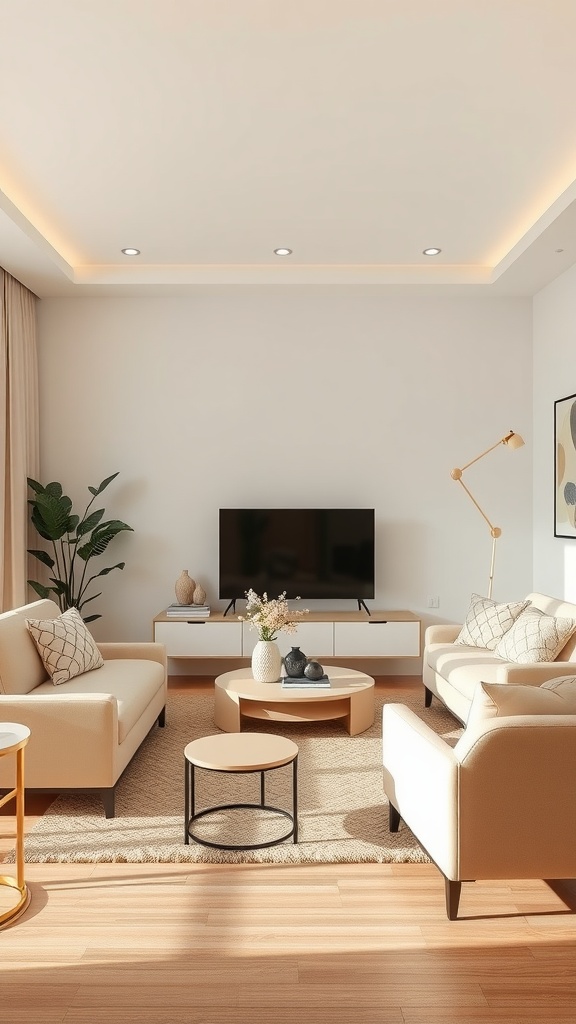 A modern beige living room setup featuring two beige sofas, a central coffee table, a television, and houseplants.