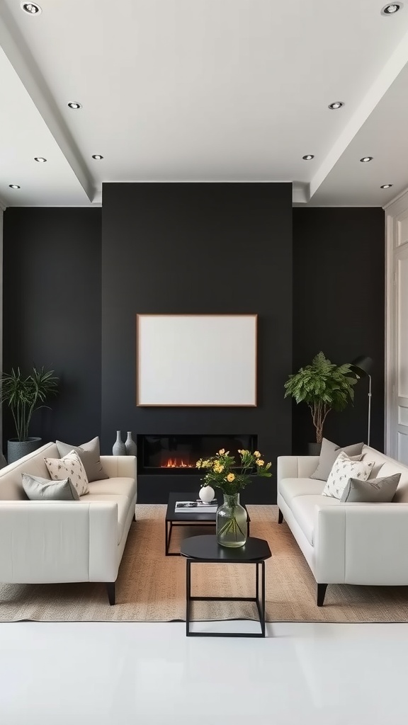 A modern living room featuring a black accent wall with cream sofas, a sleek coffee table, and plants.