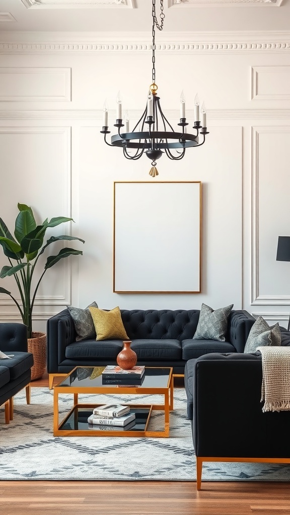 A modern black and gold living room featuring black sofas, a gold-accented chandelier, and a stylish coffee table.