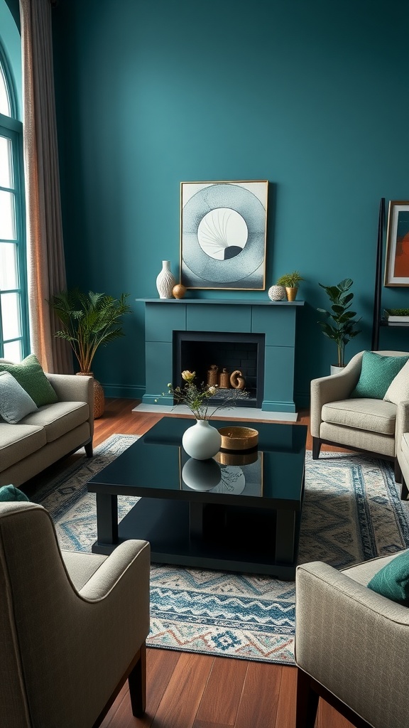 A modern black coffee table in a teal living room with beige chairs and decorative elements.