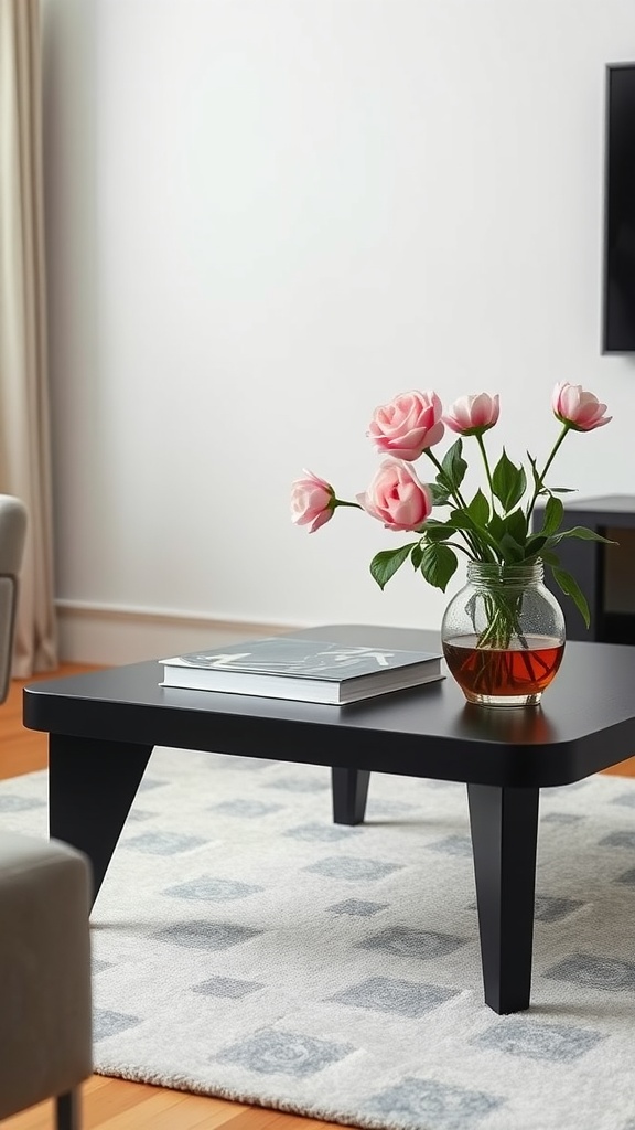 A modern black coffee table with a vase of pink roses and a book on it, set on a patterned rug.