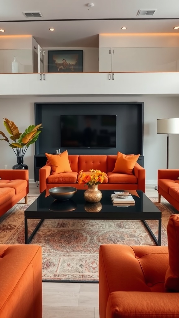 A modern living room featuring burnt orange furniture and a sleek black coffee table.