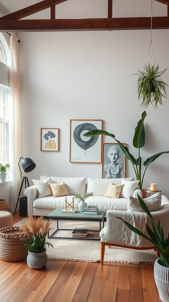 A modern bohemian living room featuring a soft off-white sofa, artistic wall decor, and lush green plants.