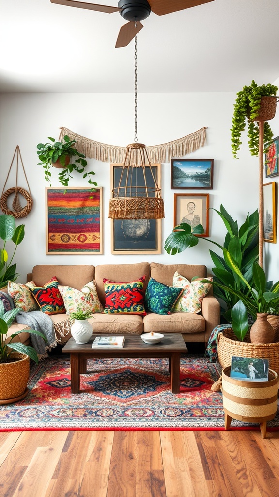 Cozy living room with a brown sofa, colorful pillows, plants, and wall art, featuring modern bohemian design elements.