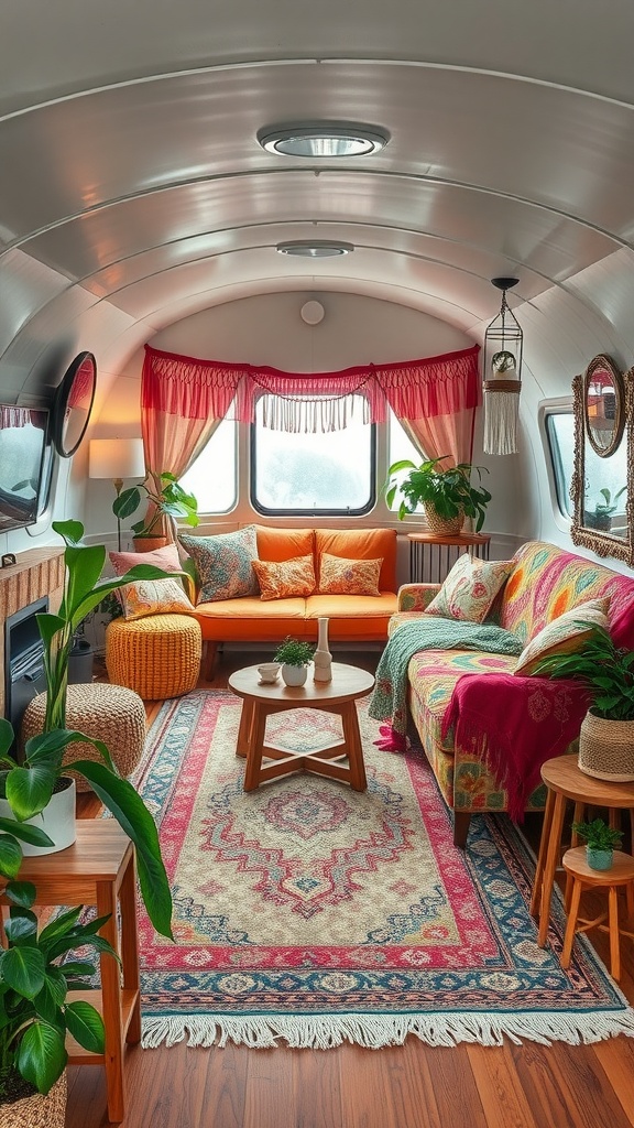 A modern bohemian living room in a trailer house featuring vibrant colors, cozy textiles, and plants.