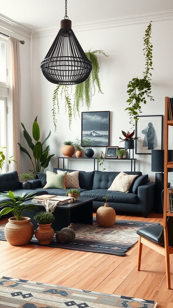 A modern bohemian living room featuring a deep blue sofa, woven pendant light, and various plants.