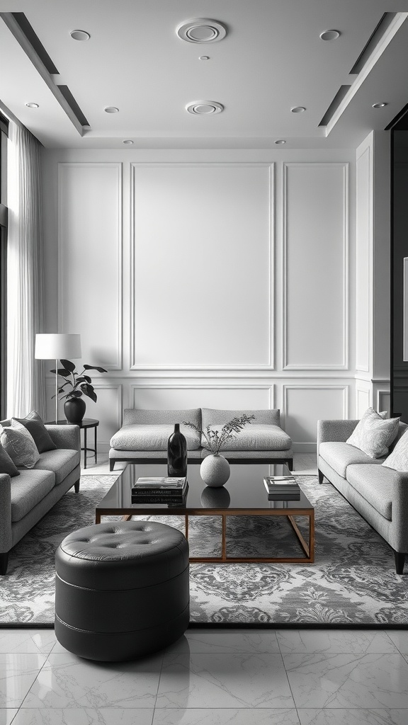 Modern living room with sleek coffee table and elegant design in black, grey, and white.