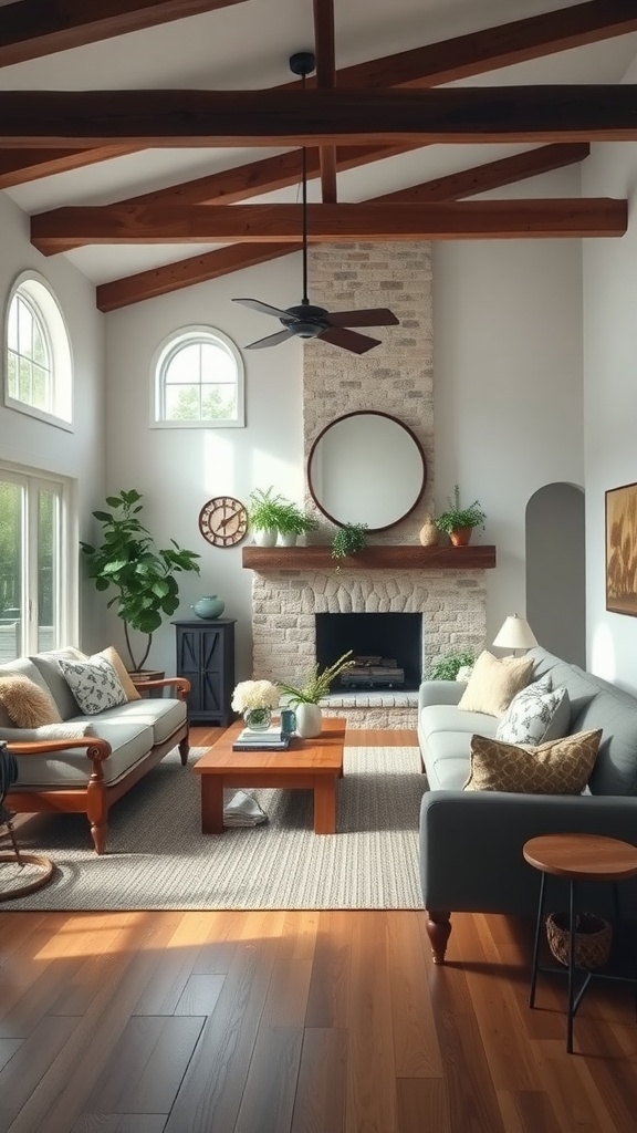 A modern farmhouse living room featuring a stone fireplace, wooden beams, and cozy furniture.