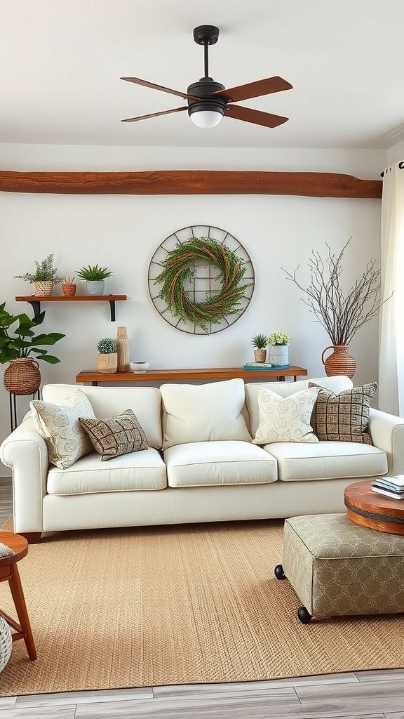 Cozy living room with a cream couch, rustic wooden beam, and greenery decor