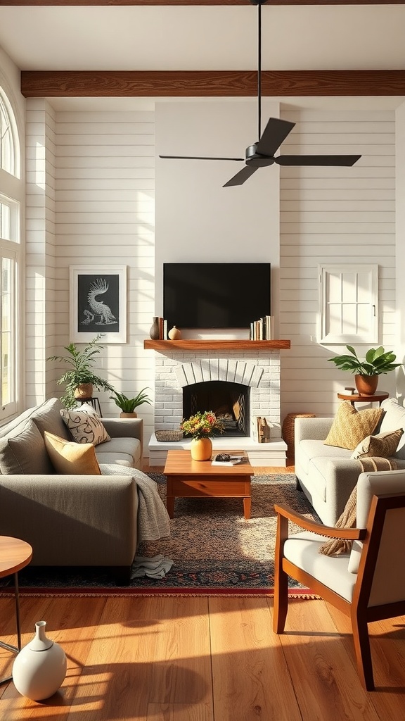 A cozy modern farmhouse living room featuring a brick fireplace, soft furnishings, and warm brown tones.