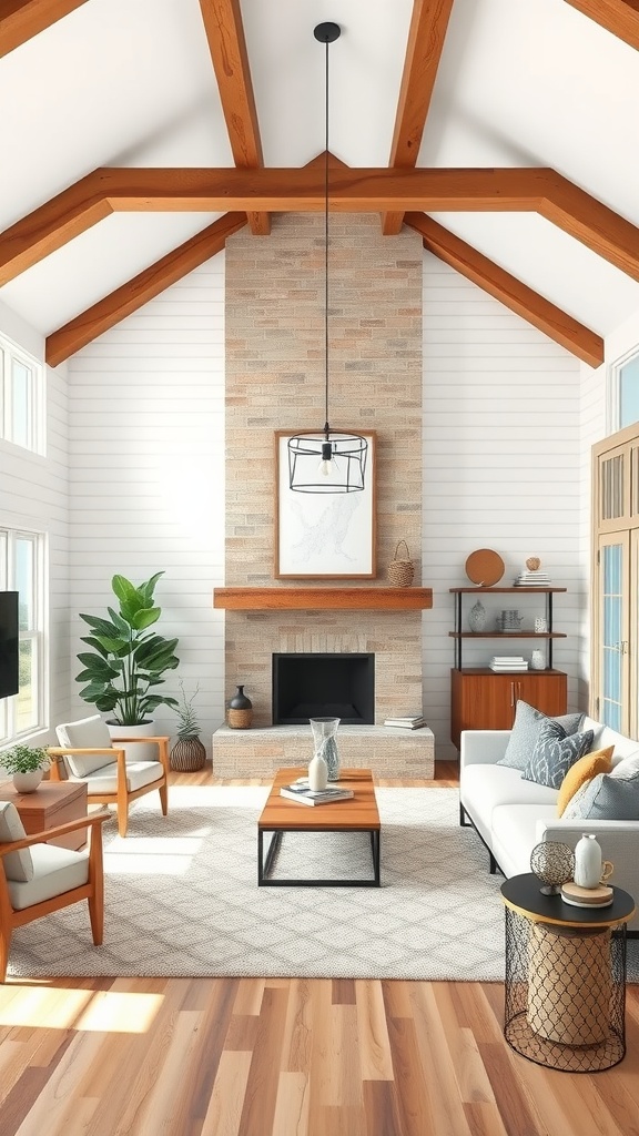 Modern farmhouse living room featuring wooden beams, stone fireplace, and light furniture