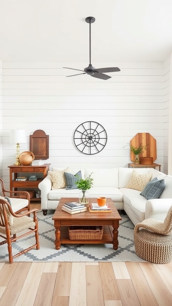 A modern farmhouse living room with white shiplap walls and wooden furniture, featuring a white sofa, a wooden coffee table, and various decorative elements.