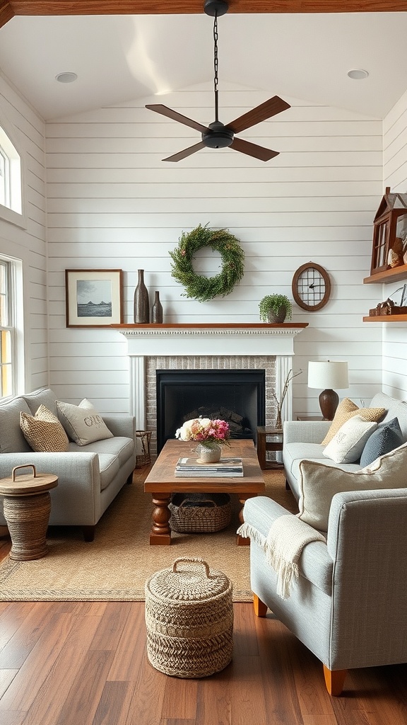 Modern farmhouse living room with shiplap walls, light gray sofas, wooden coffee table, and decorative elements.