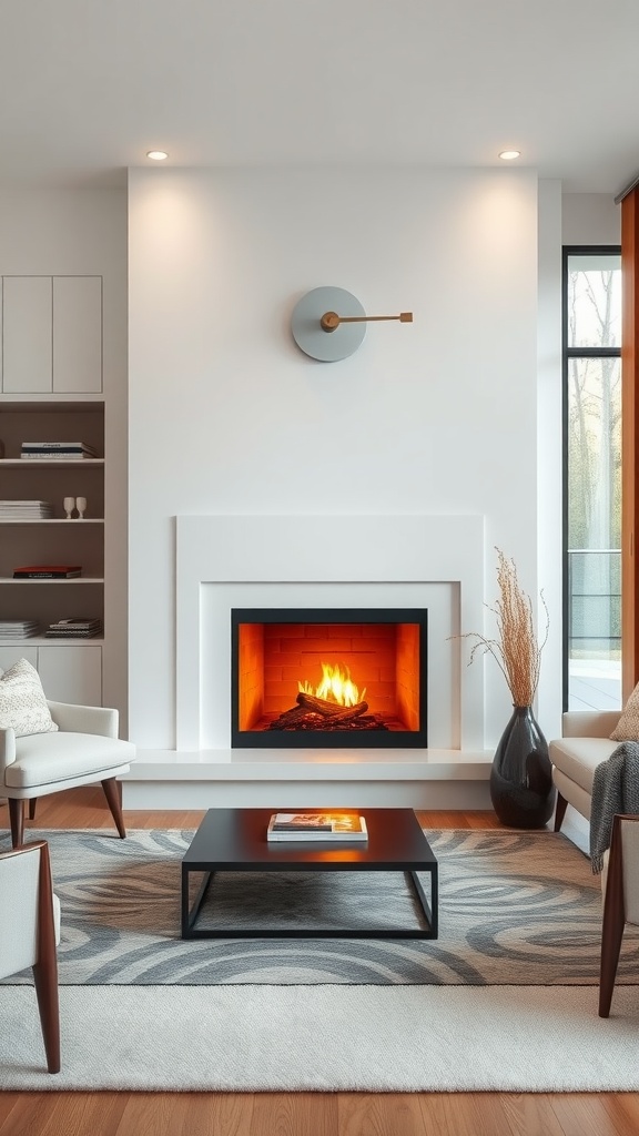 A modern living room featuring a sleek fireplace, minimalist furniture, and warm decor.