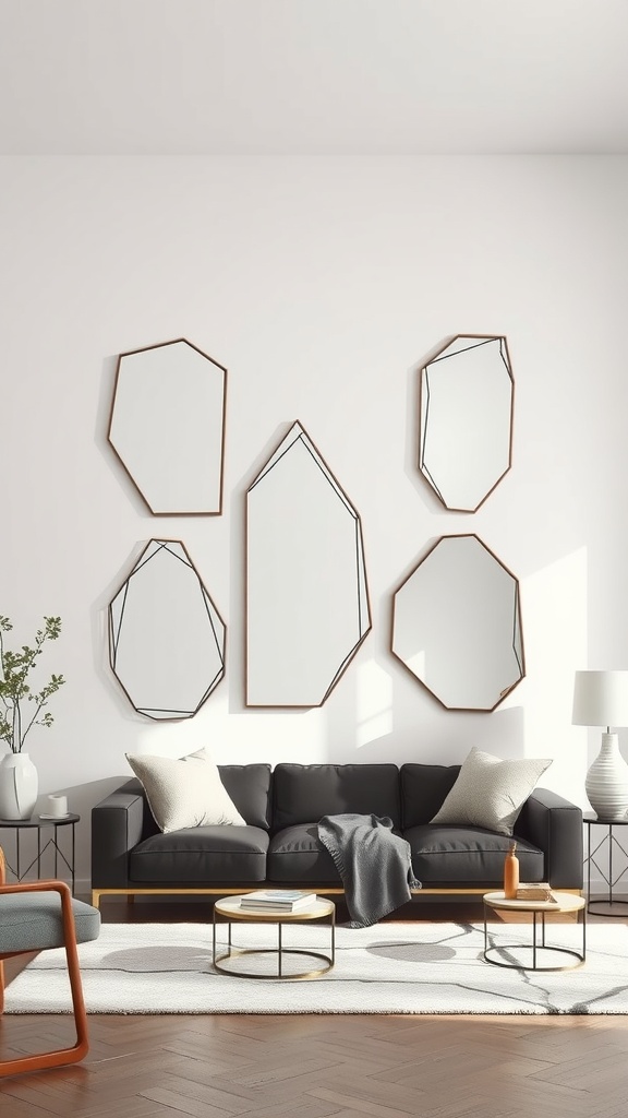 A modern living room featuring geometric mirrors in various shapes hung on the wall above a dark sofa.