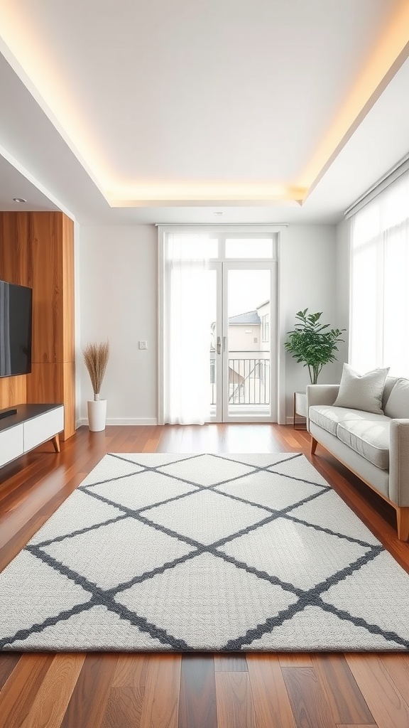 A modern living room featuring a geometric patterned rug in shades of gray and white.