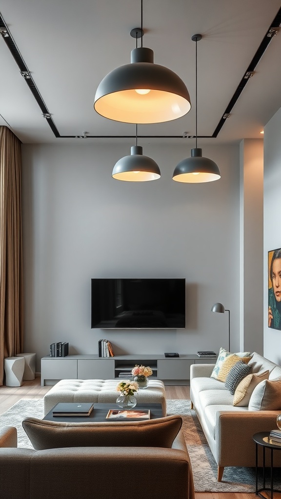 A modern gray living room featuring three pendant lighting fixtures above a cozy seating area.