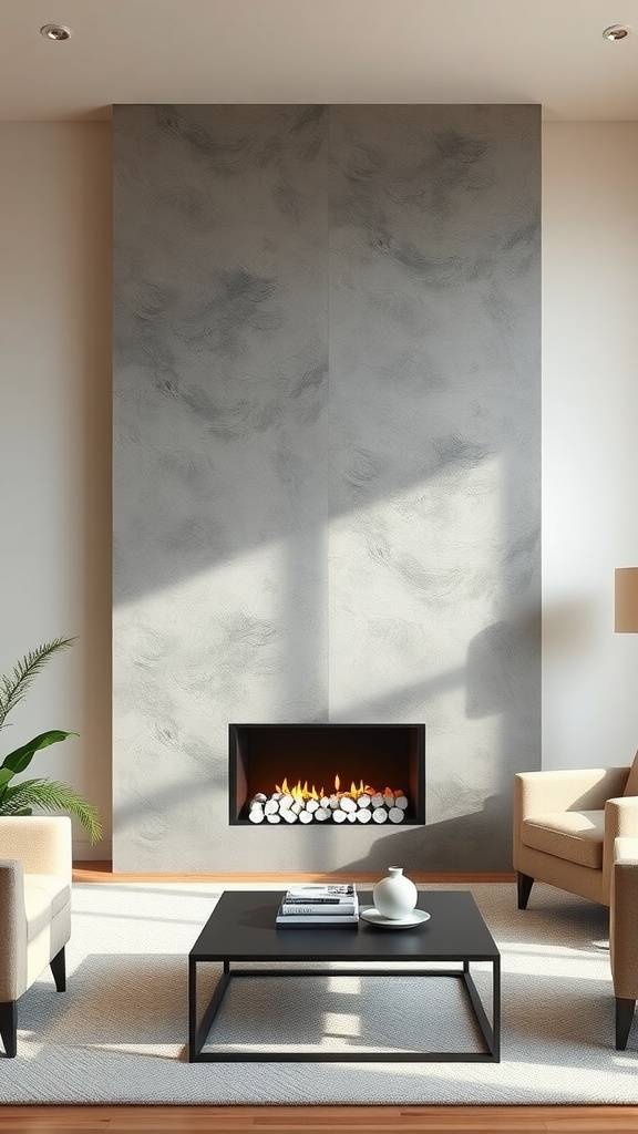 Modern grey fireplace as focal point in a stylish living room with beige furniture.