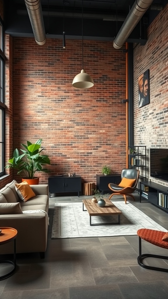 A modern industrial living room featuring exposed brick walls, large windows, a cozy sofa, and stylish furniture.