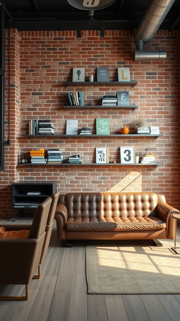 A modern industrial living room featuring a brick wall, leather sofa, and wooden shelves with books and decor.