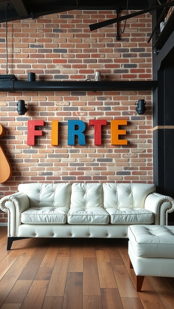 A white leather sofa in a modern industrial living room with a brick wall and colorful letters.