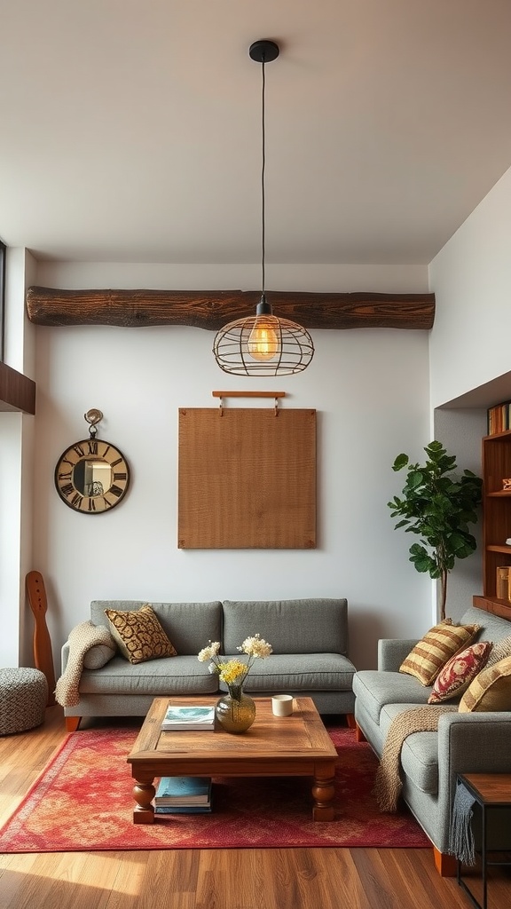 A modern rustic living room with a pendant light, wooden beam, and cozy furniture.