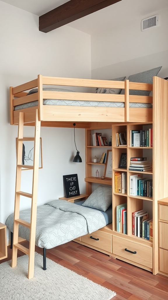 A modern loft bed with a wooden frame and integrated bookshelf, featuring a cozy bed setup below.