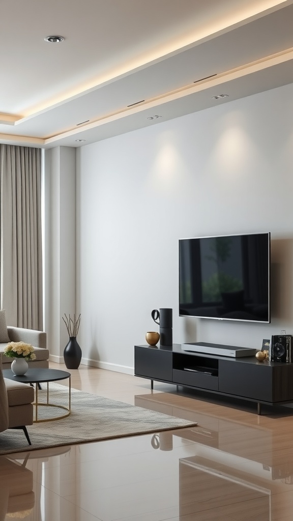 A modern living room featuring a sleek media center with a mounted TV, stylish console, and cozy lighting.