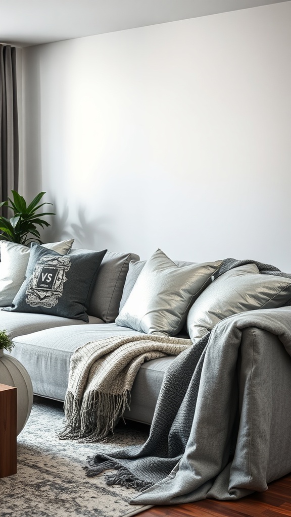 A cozy living room with a grey sofa adorned with metallic pillows and throws, featuring a plant in the corner.