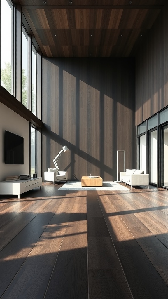 A modern living room with dark wood floors, large windows, and minimal furniture.