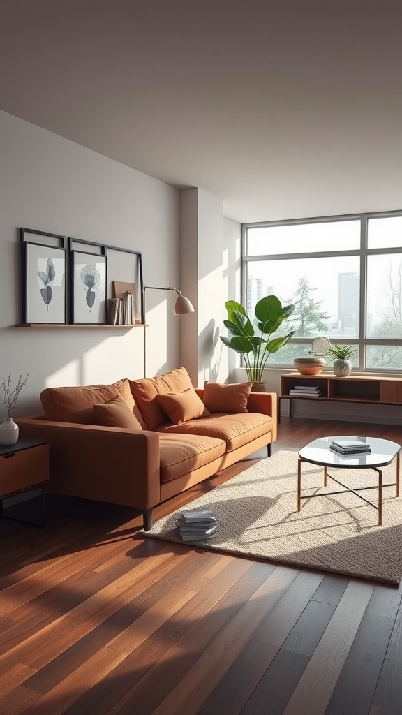 A modern minimalist living room featuring a brown couch, large windows, and a green plant.