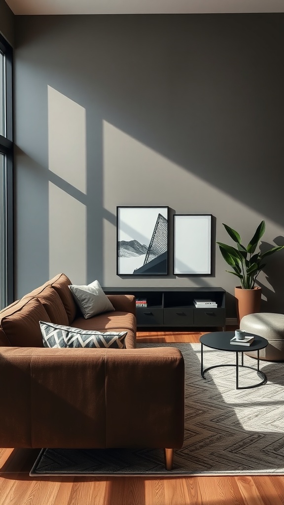 Modern living room featuring a dark brown sofa, minimalist decor, large windows, and natural light.