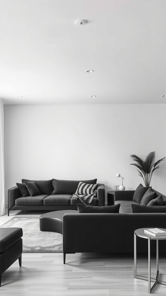 A modern minimalist living room featuring black furniture with a sleek design.